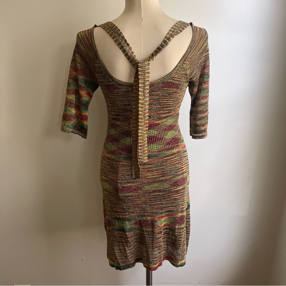 Vintage 90s Guess Jeans Gold Bodycon Knit Dress Medium Rasta Red Yellow Green - Picture 6 of 12